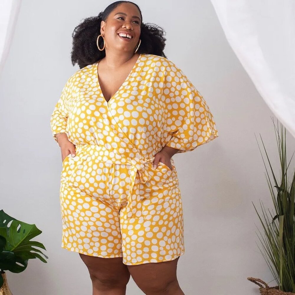 Eloquii Yellow Polka Dot Romper 16 Plus Size Wrap Vacation Brunch